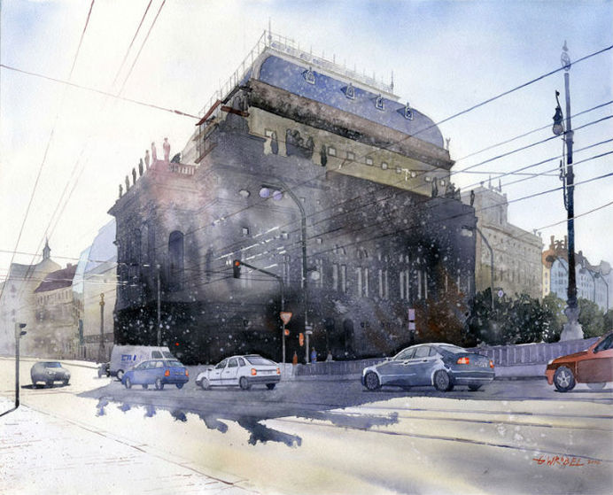 Theater_in_Prag_by_GreeGW_700x566 #watercolors #city #artwork #illustration #painting #drawing