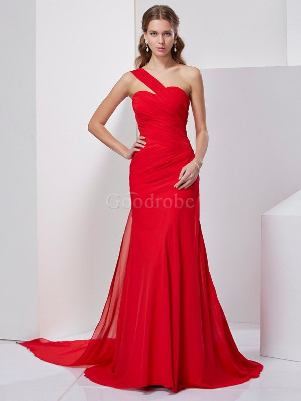 Robe de soirée plissé longue d'épaule asymétrique manche nulle en chiffon