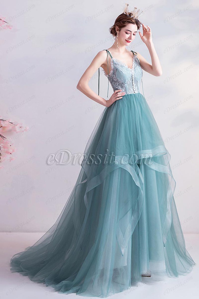 eDressit Sexy Green V-Cut Spaghetti Tulle Party Ball Dress (36226404)