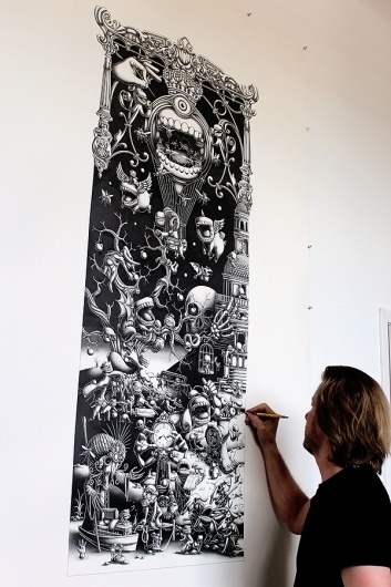 A Triptych - The Landing- 2012 - Panel 1 on the Behance Network #illustration #handmade #mural #blackwhite