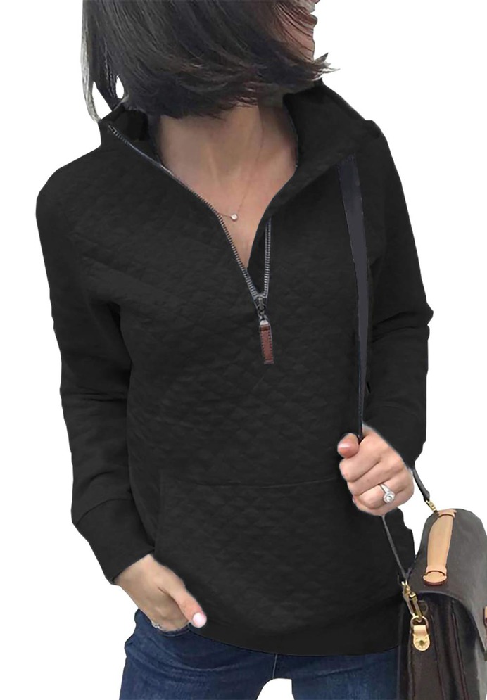 Women Fashion Quilted Pattern Lightweight Zipper Long Sleeve Plain Casual Ladies Sweatshirts Pullovers Shirts Tops