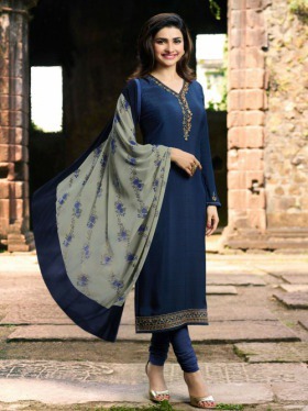Bollywood Diva Prachi Desai Navy Blue Crepe Embroidered Straight Cut Suit Online at Best Price.