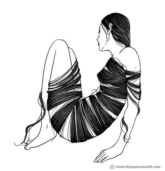 HAIR | Flickr: Flying Mouse2007 #hair #black and white #drawing #bound #long hair