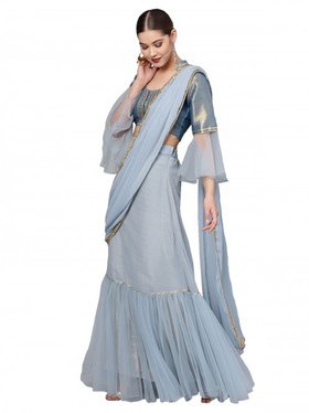 Buy Pleasing Blue Chiffon Partywear Printed Saree - Inddus