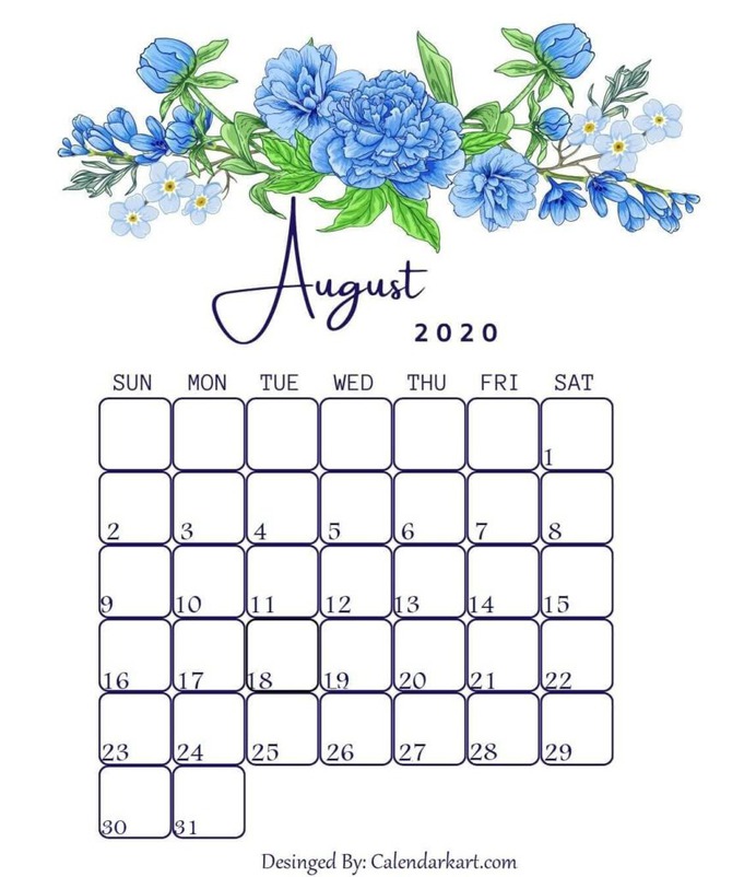 Cute August 2020 Printable Floral Calendar Sophisticated