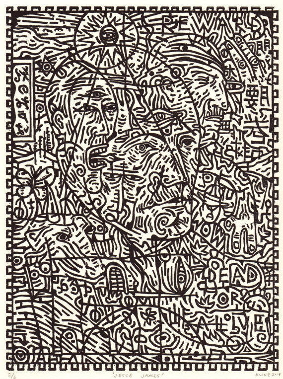 Jesse James. Linocut relief print. 9" x 12" #linear #art