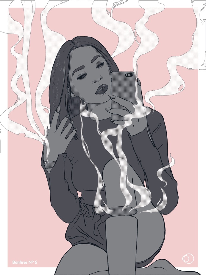 Bonfires, Illustration, Sam Johnstone, Halftone, Screen Print, silk screen, drawing, smoke, selfie, insta, instagram