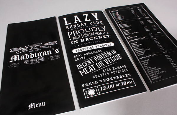 Maddigans Freehouse Identity #print #design #graphic #menu #black #restaurant #bar #layout #pub #typography