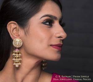 18k Gold and Diamond Polki Chandelier Earring Pair with disc-shaped rings - gold diamond polki kundan meena jadau jewellery