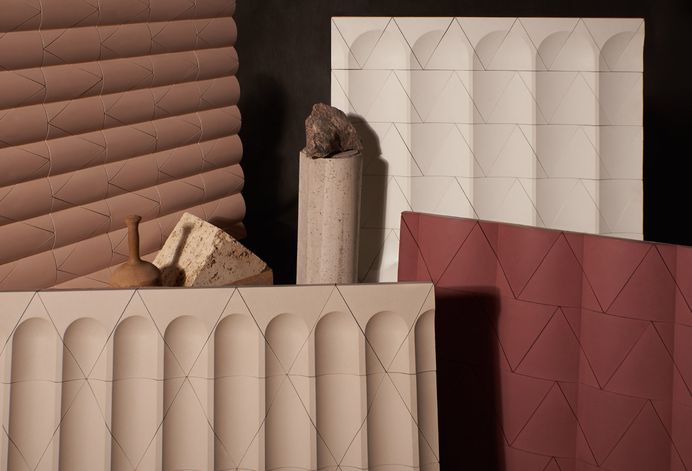 GRT Architects debuted Flutes and Reeds at London’s Vicalvi showroom during the 2018 Clerkenwell Design Week. When following the standard layout, the triangular tiles resemble the formal geometry of Greco-Roman architectural design. (Courtesy Madhava Kalmar/Kaza Concrete)