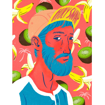 Jérôme Mireault / Colagene.com #fruit #hipster #banana #orange #beard #cap #kiwi #palm #illustration
