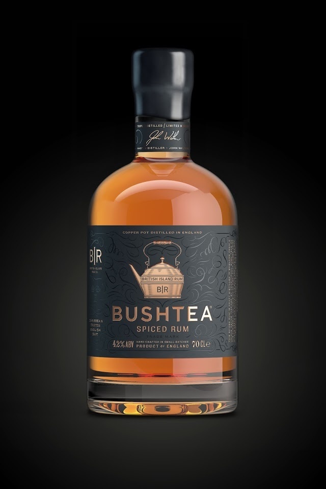 Bushtea Spiced Rum #rum #england #bottle #spirits #packaging #craft #black #gold #foil