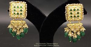 23k Gold and Diamond Polki Long Earring Pair with emerald-grade beryls and antique pearls - gold diamond polki kundan meena jadau jewellery