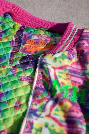Details - Bethan Heslop — Graduate Collection #model #pink #neon #print #jeans #varsity #sportswear #hat #fashion #green