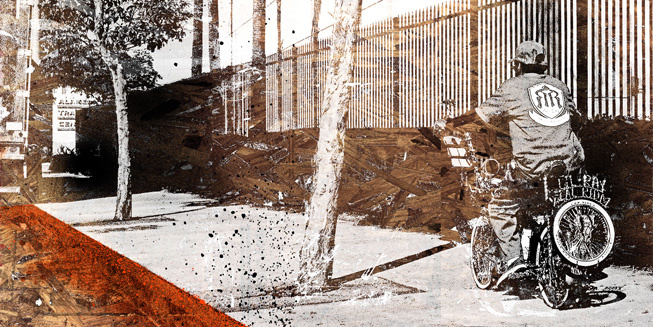 Lil Ray by Eyeone, 2015 | 36" x 18" | Mixed media on wood #eyeone #mixed media #printmaking #art #lowriders #bicycles #cycling