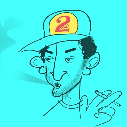 Specialmagazin #hat #blue #hair #portrait #man #cyan #cigarettes #sears #serge #draeing #hand yellow background #red text #character
