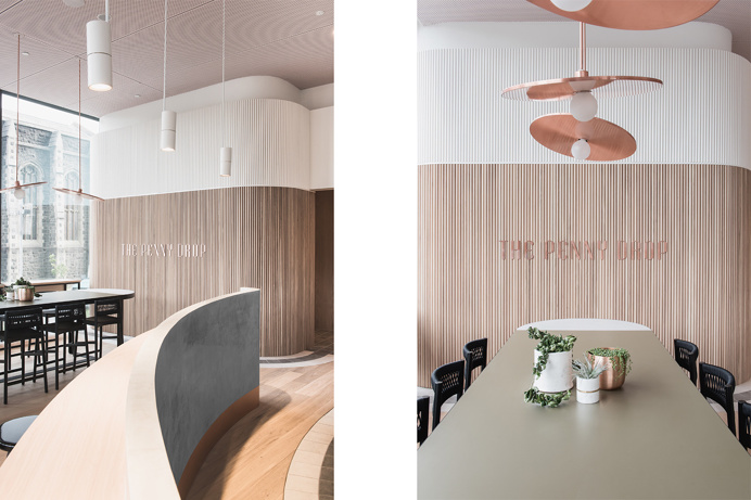 the penny drop cafe by pop and pac melbourne australia beautiful interior design branding logotype copper wood graphic modern coffee inspira