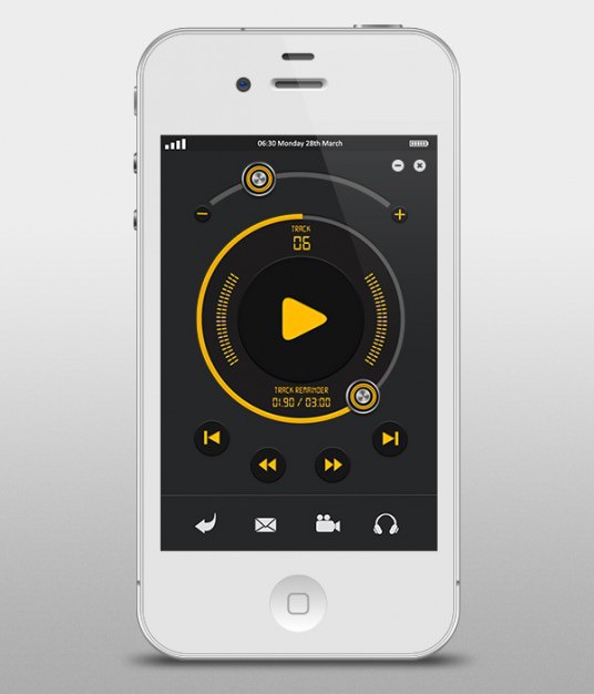Apple music player user interface Free Psd. See more inspiration related to Music, Black, Iphone, Apple, Yellow, Bar, Ui, User, Buttons, Psd, Progress bar, Progress, Interface, Ui kit, Player, User interface, Kit, Vertical and Sliders on Freepik.