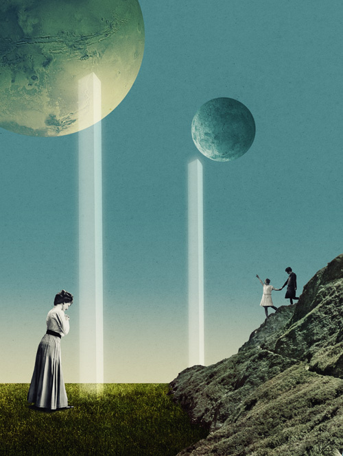 Julien Pacaud / Gods / colagene.com #surrealistic #fantasy #sky #vinatge #illustration #religion #galaxy #god #collage #moon
