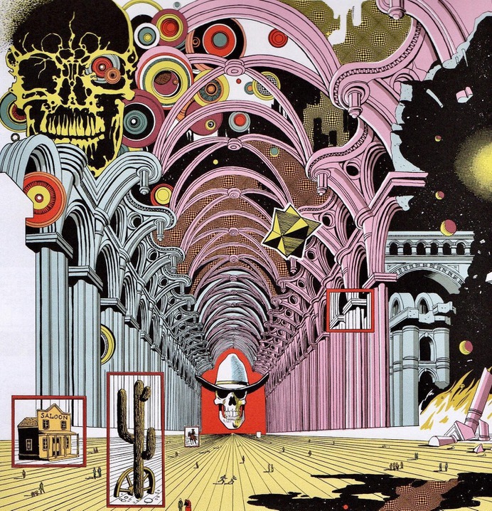"Dope Rider" comic panels by US artist Paul Kirchner (born 1952).
Dope Rider was published in High Times magazine from 1975 to 1986, and is about a skeleton and his psychedelic adventures in a western world.