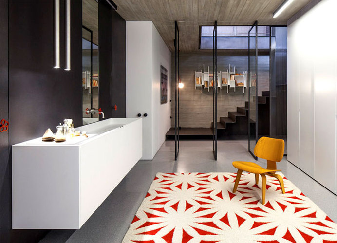 Industrial Style Inspired Interior by Pitsou Kedem Architects vivid red color carpet 1 #interior #design #decor #home #minimalist