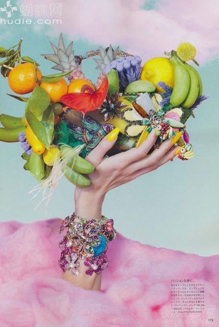 "Fun and Fruity": Gwen Loos in Carmen Miranda Tropical Accessories by Michael Baumgarten for Vogue Nippon