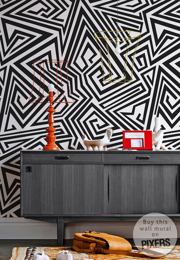 Maze #interior #white #pattern #mural #design #decor #black #home #wall