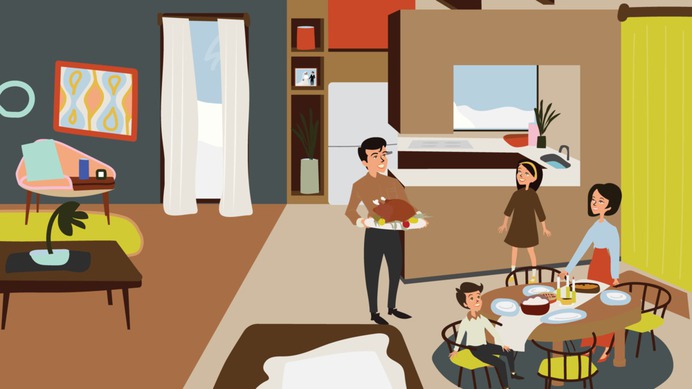 60s Thanksgiving Dinner family illustration / For Smart Home, church design | By Brittany Byrne | retro, mid-century, holidays