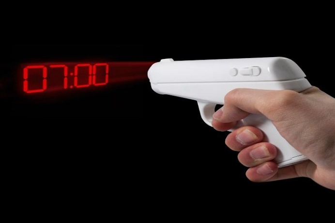 The Spy Gun Alarm Clock will make mornings fun, and will actually make you look forward to waking up. #design #product #industrial #modern #