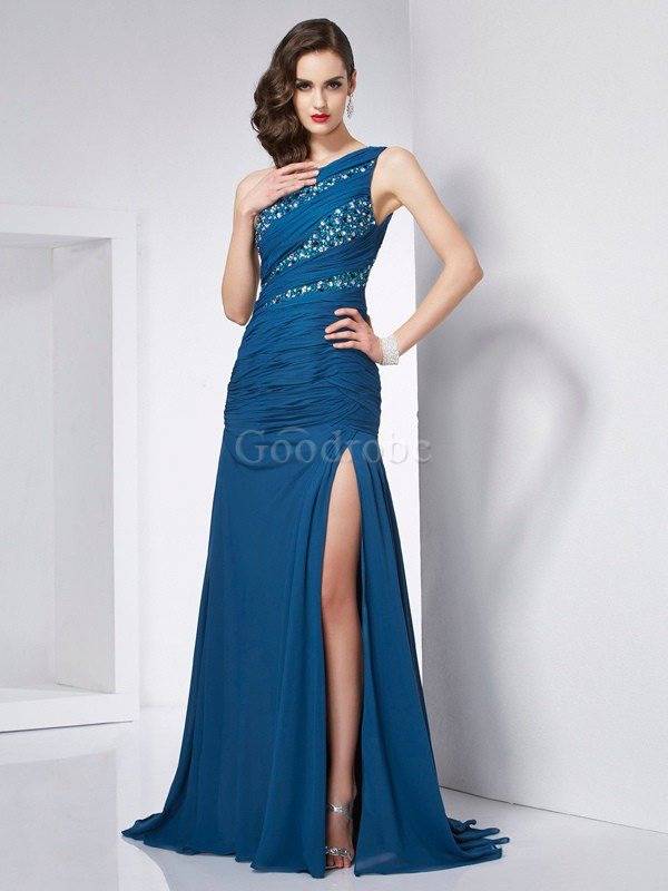 Robe de soirée naturel en chiffon avec perle avec sans manches a-ligne