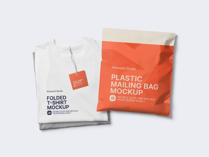 Customize the folded t-shirt and mailing bag mockup items. Place your own apparel branding design. Change the background color, move or recompose the items. Create your own apparel delivery mockup scene. #mockup #tshirt #mailer #bag #delivery #cargo #postal #apparel