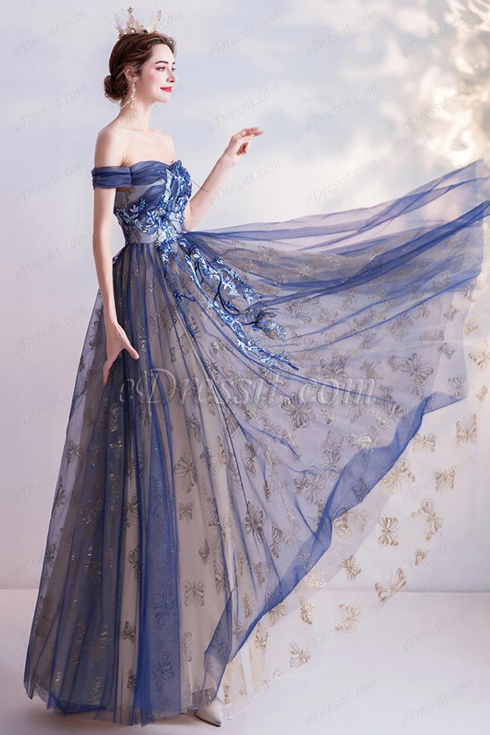 eDressit Blue Sexy OFF Shoulder Embroidery Tulle Party Evening Gown (36226705)