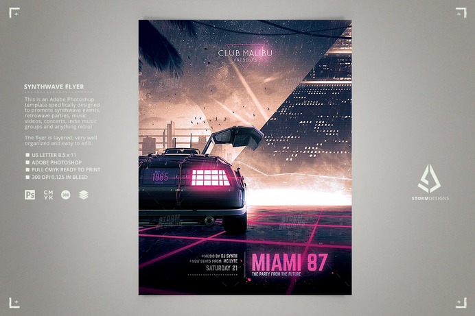 Synthwave Flyer v3 - Neon Miami Retrowave Poster Template
