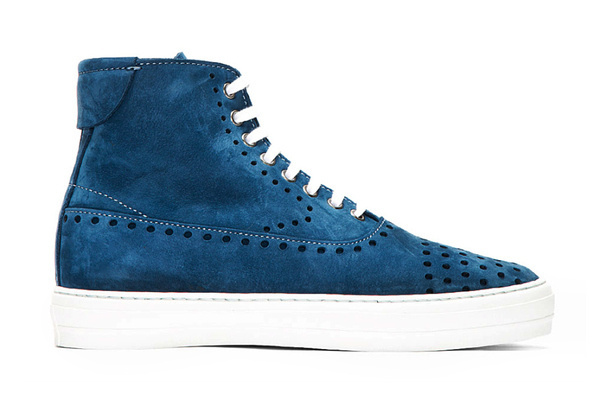Image of Alexander McQueen Blue Suede Perforated High Top Sneakers #shoes #white #holes #perfs #perforation #contrast #blue #awesome