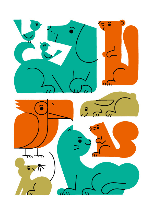 illustration, animals, shunsuke satake #illustration #dog #squirrel #cat #mouse #bunny #bird