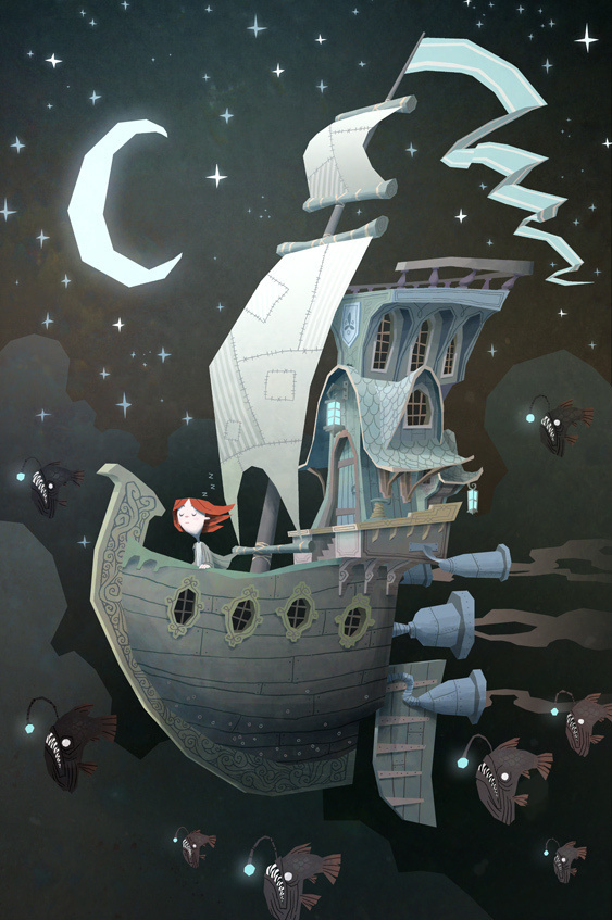 Fly By Night - Ken Wong #fantasy #sky #night #illustration #ship #boat #magic #moon