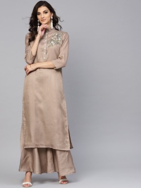 Beige Thread Embroidered Palazzo Suit - Inddus.