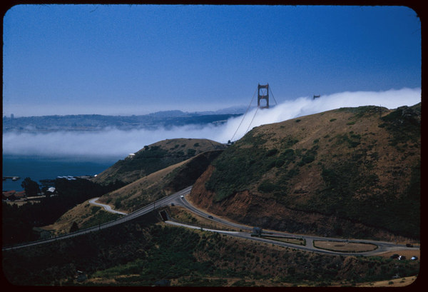 Fog bank moves through Golden Gate. View is southward from Waldo tunnel entrance. #fog #san #mist #photography #vintage #francisco #bridge