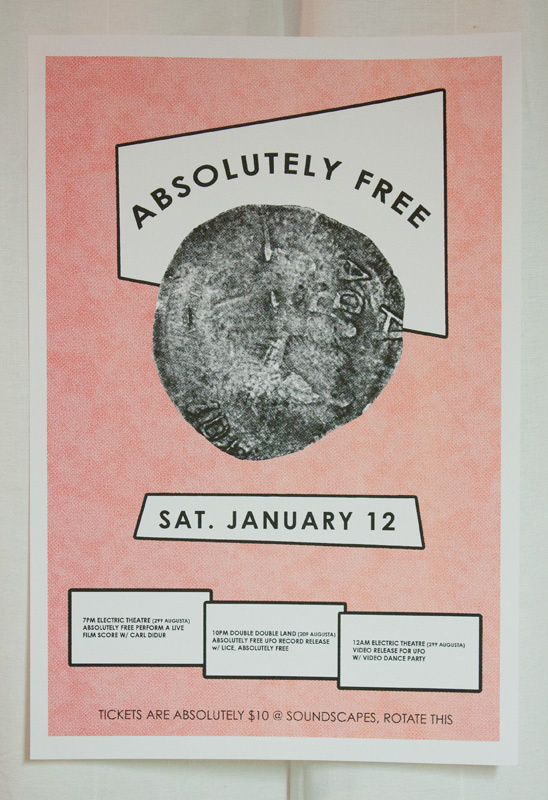 2 colour poster for Absolutely Frees first record release, UFO. January 2013 #pink #posters