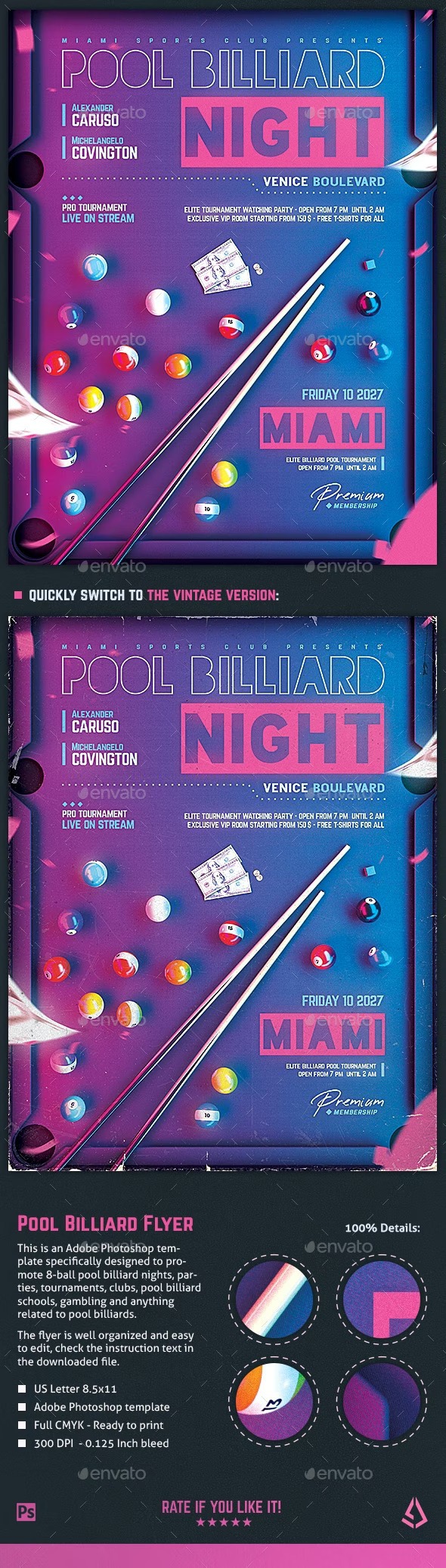 DOWNLOAD:
https://graphicriver.net/item/pool-billiard-flyer-8-ball-design-template/37804581

This is an pool billiard flyer template specifically designed to promote 8 ball pool table tournaments, pool billiards schools and academies, snooker, gambling, casinos, stores, shops and in general anything related to cue sports like pool billiard games.