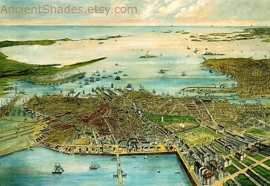 Bird's eye view of Boston RETRO print on cotton by AncientShades #old #boston #city #map #vintage #view #maps #panoramic