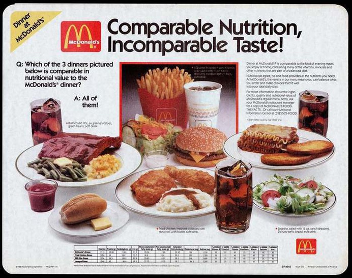 "Comparable Nutrition, Incomparable Taste!" McDonald's placemat