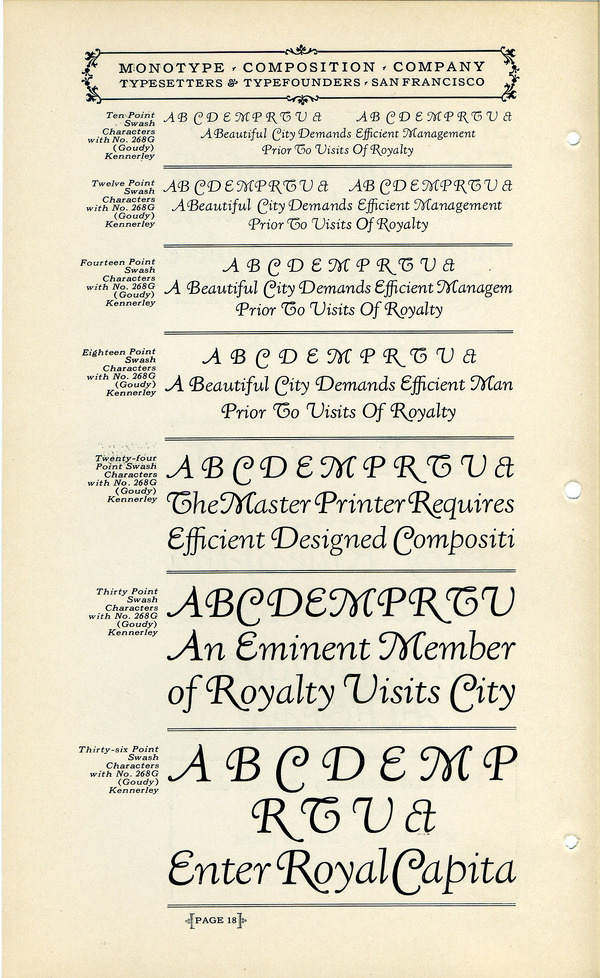 This is a specimen of Fred Goudy's Kennerley Swash typeface. Goudy designed Kennerley in 1911 for the publisher Mitchell Kennerley. Kenne #type #specimen #typography