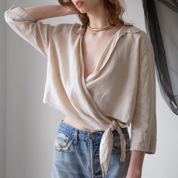 SOLD Vintage ecru linen easy to wear cropped wrap top