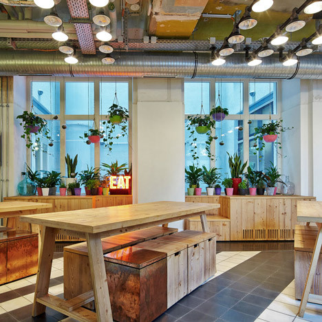 Generator Hostel Berlin Mitte #interior #rustic #wood #kitchen #hanging #table #flowers