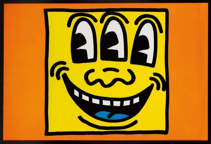 #keithharing #yellow #orange Acrylic and silkscreen ink on polyester 72.01 x 107.52 in (182.91 x 273.1 cm)