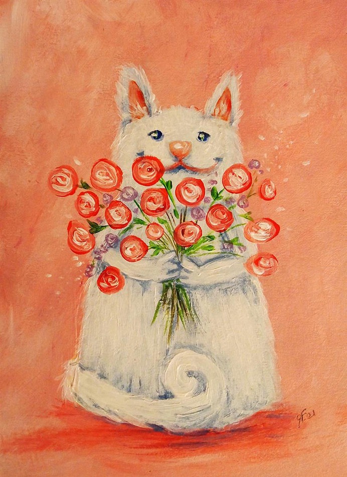 Cute cat with a bouquet of roses by Alena-48