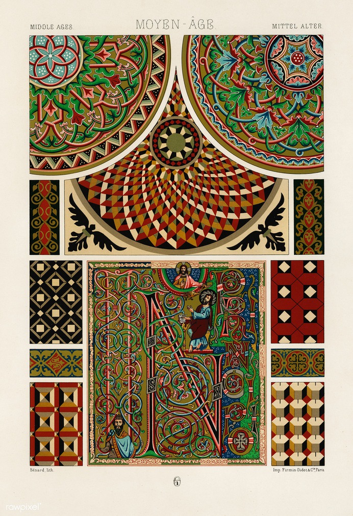 Middle-Ages pattern from L'ornement Polychrome (1888) by Albert Racinet (1825–1893). Digitally enhanced from our...