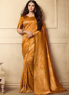 Mustard Cotton Partywear Half n Half Saree - Inddus.com.
