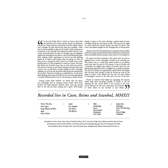 Gareth Dickson 'Invisible String; Live in Caen, Reims and Istanbul, MMXII'. LP Jacket Back. #white #black #typography